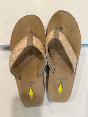 Volatile Tan Woven Strap Flip Flops with Yellow Logo